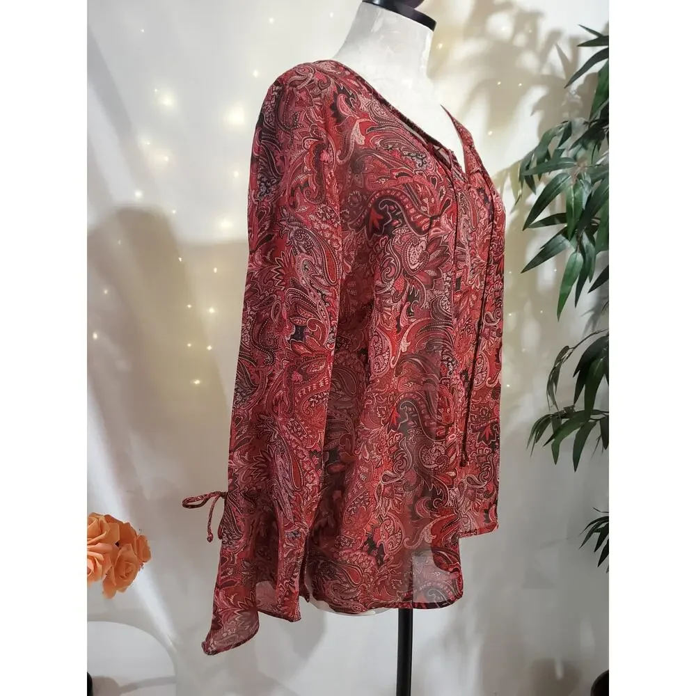 Vtg 90s y2k Fashion Bug Sheer Paisley V-Neck Bell Sleeve Blouse Sz 14/16 XL Boho - Picture 2 of 10